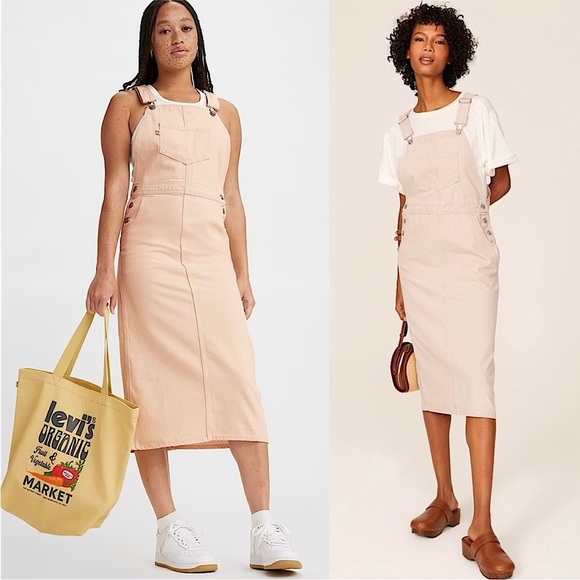 LEVI'S 70s Pastel Premium Denim Sleeveless Jumper Pinafore Overall Midi Dress S - Picture 1 of 9